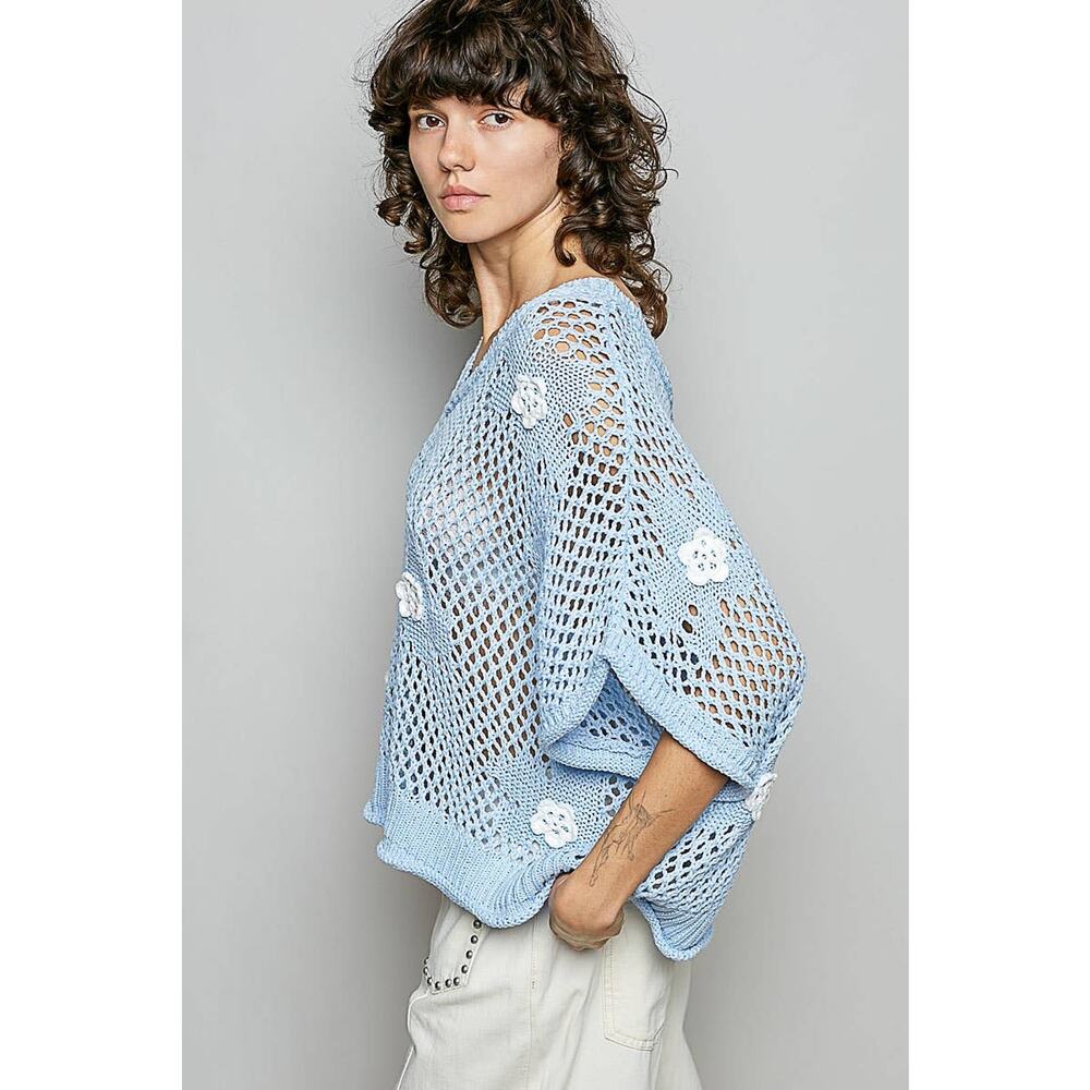 "Bloomin' Filly" Floral Patch Open Sweater Top Black - Picture 5 of 16